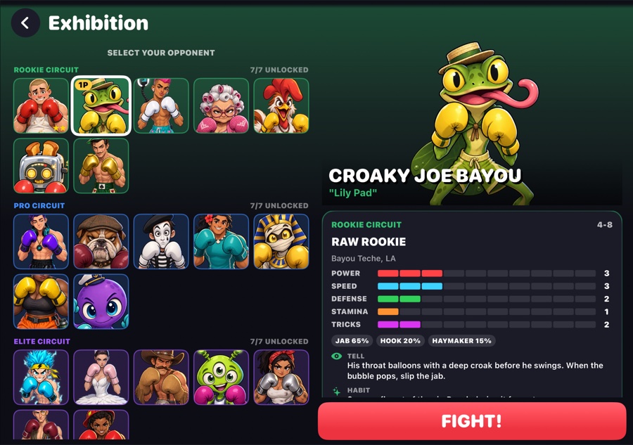 Opponent select on the unfolded iPhone Duo with the roster and the fighter card side by side